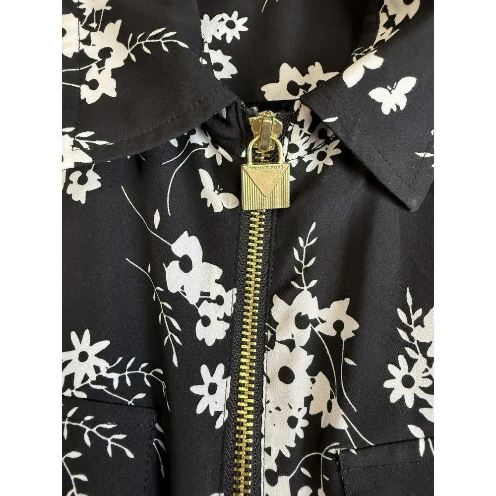 Michael Kors Jacket Womens Medium Black White Floral Full Zip Gold Accents Shirt